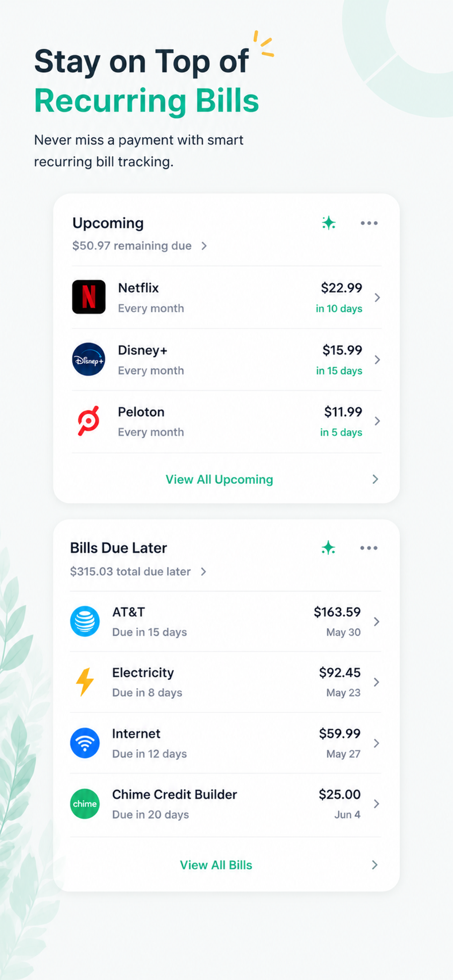 Saverly Money recurring bills screenshot